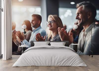 Conference, team of coworkers clapping hands for success of presentation  Support, achievement and diverse group of people applauding together in business meeting.  Wall mural