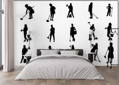 Vector silhouette of a cleaning lady on a white background.
 Wall mural