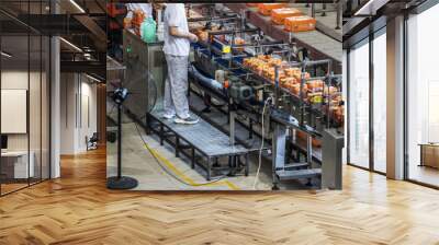 Carbonated drinks factory with view of production and bottles. Wall mural