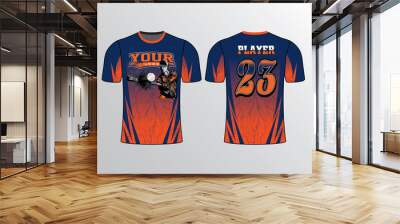 Blue orange gradient with player blasting the ball in action. The front filled with crack pattern sports team jersey template Wall mural