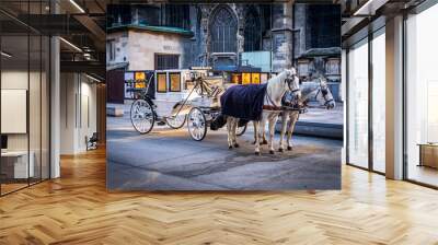 Two white horses harnessed to a carriage near St Stephen's Cathedral, Stephansplatz. Traditional touristic transport attraction in Vienna. Golden our colors. Wall mural