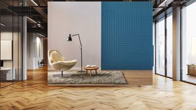 Blue and white wall room, white chair black lamp and wooden table style on the carpet. Wall mural