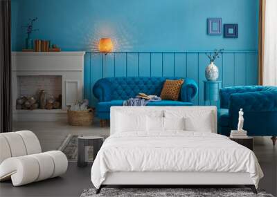 Blue living room, blue wall and background, blue sofa and chair decoration, carpet, blanket and lamp style. Wall mural