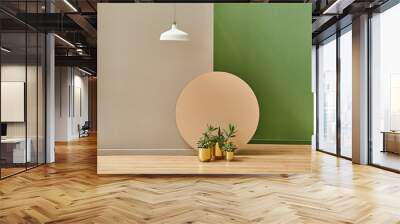 Brown and green wall background, round wood, gold vase of plant home interior accessory. Wall mural