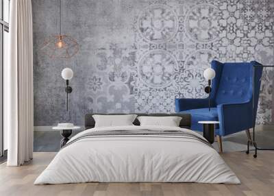 decorative grey wallpaper with blue sofa and metallic lamp style Wall mural