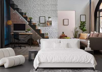 Decorative home interior concept, modern home decoration home interior detail and grey sofa. Wall mural