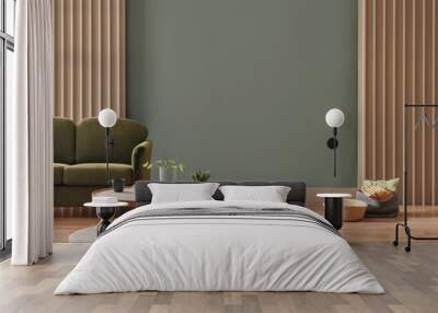 Green wall background, minimalist sofa, marble pattern wooden sofa, grey carpet, poster, lamp and frame. Wall mural