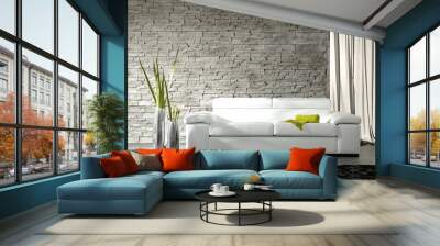 grey stone wall living room white sofa and green details decoration home design Wall mural