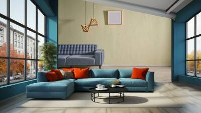 Modern green wall and room style with blue sofa and armchair style, lamp frame and cabinet concept. Wall mural