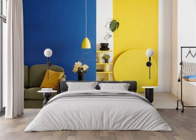 Modern home, blue and yellow wall background, home decoration style. Wall mural