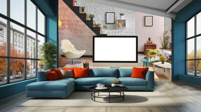 Modern home decoration with desktop screen close up interior. Wall mural