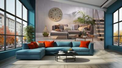 modern luxury living room armchair middle table and wooden stairs big clock on the wall Wall mural