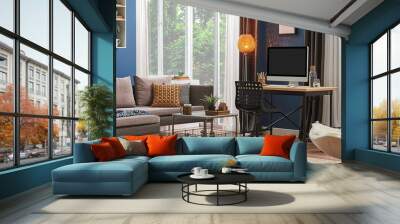 Modern room banner, blue wall concept sofa and computer table style. Wall mural