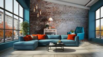 retro brick wall concept with home objects living room style Wall mural