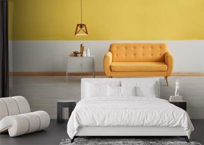 Yellow wall yellow sofa wooden lamp and grey cabinet decoration interior living room. Wall mural