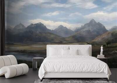 Modern art painting on the canvas of the beautiful landscape in green and gray colors Wall mural