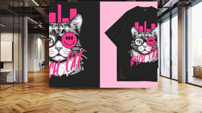 Black white cat urban graphic t-shirt design vector illustration. Streetwear trendy stylish poster and t shirt design for print Wall mural