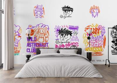 Graffiti t shirt designs set, Graffiti poster vector illustration, Streetwear graphic for clothing design. Urban t-shirt design for print Wall mural