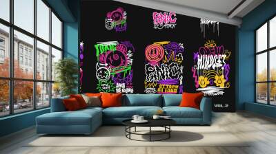 Graffiti t shirt designs set, Streetwear graphic for clothing design. Graffiti poster vector illustration, Urban t-shirt design for print Wall mural