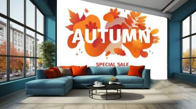 Horizontal abstract geometric design for autumn promotion. Fall offer banner with vector liquid form and decor maple leaf on background. Orange template graphic elements with fluid dynamic shape Wall mural