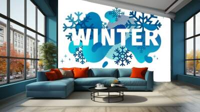 Horizontal Design winter template banner with abstract geometric shape background. Cold blue style layout for season offer or sale with snowflake and fluid graphic dynamic decoration backdrop. Vector Wall mural