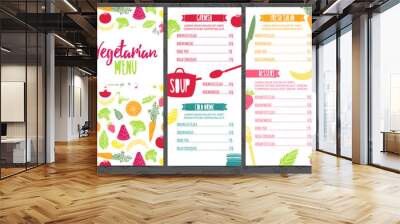 Set collection design template vertical vegetarian menu. Corporate identity menu for cafe or restaurant. Brochure with decor fruit and vegetable. Layout vegetarian menu with pattern healthy food. Wall mural