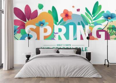 Template design banner for spring season sale. Promotion offer layout with plants, leaves and floral decoration.  Abstract shape with flowers frame. Vector Wall mural