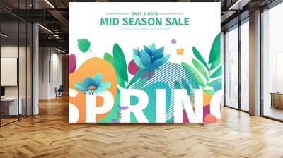 Template design banner for spring season sale. Promotion offer layout with plants, leaves and floral decoration.  Abstract shape with flowers frame. Vector Wall mural