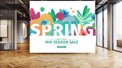 Template design banner for spring season sale. Promotion offer layout with plants, leaves and floral decoration.  Abstract shape with flowers frame. Vector Wall mural