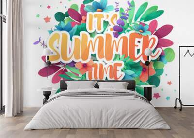 Template design banner for summer offer. Special sale advertising with floral frame and flower summer logotype. Pink background. Vector Wall mural