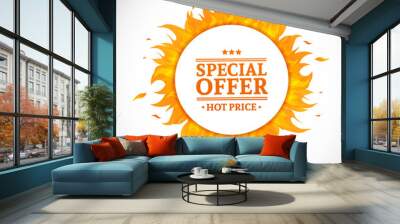 Template design circle banner with Special sale. Card for hot offer with frame fire graphic. Advertising poster layout with flame border on white background. Vector Wall mural