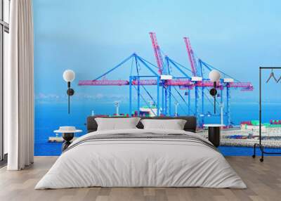 Port cargo crane, ship and container Wall mural