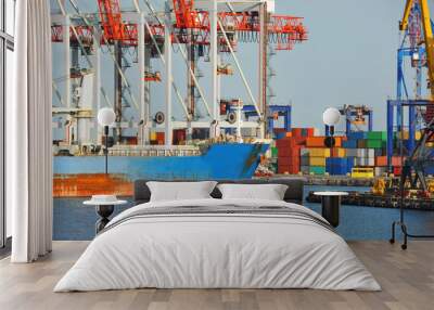 Port cargo crane, ship and container Wall mural