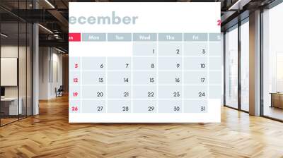 December 2021 calendar in english. Vector illustration for print and banners. Wall mural