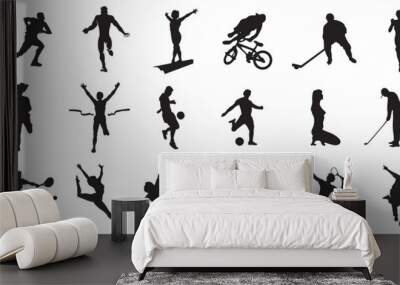 Collection men and women performing various sports activities silhouettes. Bundle of training, exercising people black vector illustrations.  Wall mural