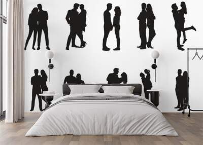 Romantic couple in various poses silhouettes collection set. Couple falling in love different poses isolated on white background silhouette set. Wall mural