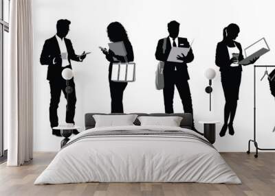 Silhouette of business people working, talking, standing, and walking on isolated white background.  Wall mural