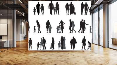 silhouette of family.  silhouette of family collection or group crowd, Standing, playing, dancing, walking talking and posing on isolated white background. Wall mural