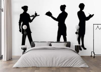 silhouettes of restaurant staff and waiter, waitress, chef, kitchen staff big set on isolated white background.  Wall mural