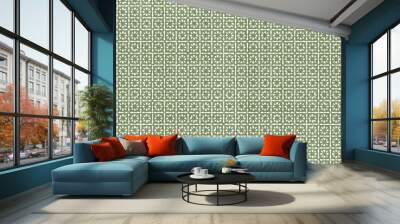 Batik small floral or sun motif in geometric squares on distressed boho textured linen in sage green and natural white. A fashion or interior design repeat wallpaper pattern textile. 3D rendering. Wall mural