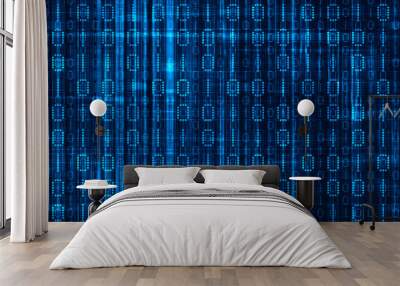 Seamless abstract binary code computer programming, big data or cyber concept background. Glowing digital signboard backdrop pattern with flowing zeros and ones in high tech neon blue light streaks.. Wall mural