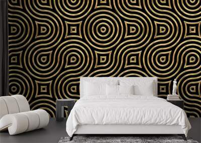 Seamless golden Art Deco wavy stripes and circles pattern. Vintage abstract geometric gold plated relief sculpture on dark black background. Modern elegant metallic luxury backdrop. 3D rendering.. Wall mural