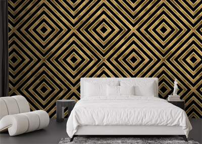 Seamless golden geometric striped diamond pattern. Vintage abstract gold plated relief on dark black background. Modern elegant metallic luxury backdrop. Maximalist gilded age wallpaper 3D rendering. Wall mural