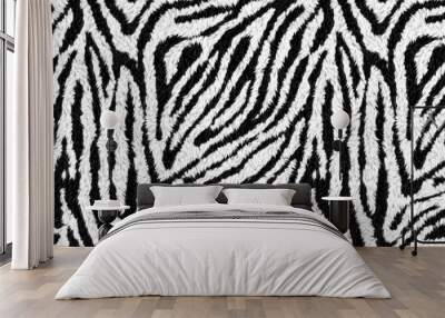 Seamless soft fluffy zebra or tiger stripe African safari wildlife pattern. Realistic black and white cozy long pile animal skin print rug or winter fur coat fashion background texture 3D rendering. Wall mural