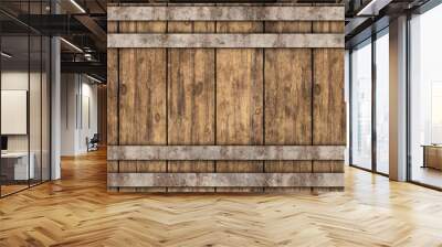 Seamless wooden beer or whiskey barrel with metal straps background texture. Tileable wine cask pattern with rustic oak wood planks and rusted iron trim. Vintage winery concept backdrop 3D rendering.. Wall mural