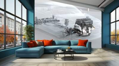 City car structure overview during driving. 3d illustration Wall mural