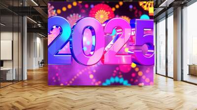 2025 New Year 3d symbol typography. Creative design concept, 3d number style. Illuminated 2025 Neon Light Display Wall mural