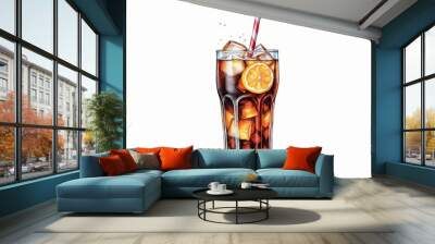 Drawing of a glass with a cola and drinking straw on a white background Wall mural