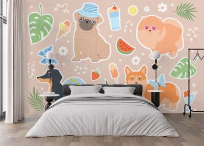 Big set of stickers with dogs. Summer funny vector illustration for kids. Dachshund, pomeranian, pug and corgi on summer vacation. Palm leaves, ice cream, watermelon, cocktails, butterflies, monstera. Wall mural