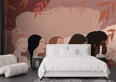 Women of different races together on an abstract autumn background with leaves. modern vector flat illustration. isolated by layers. movement to empower women. International Women's Day. women support Wall mural